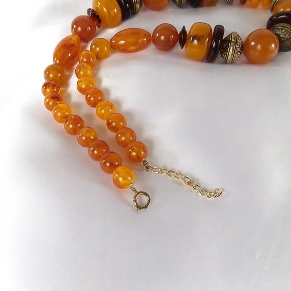 Amber Multi-tone Chunky Bead Necklace with Gold Tone Spring Ring Clasp -- 24" - Picture 7 of 8